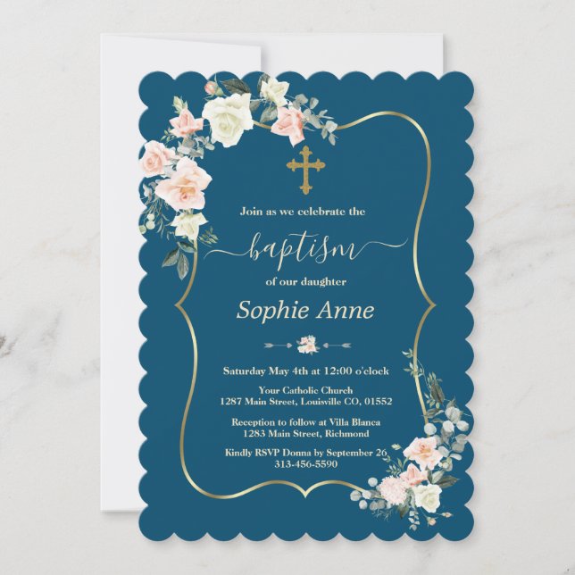 Charm Pink White Flowers Blue Gold Girl Baptism Invitation (Front)