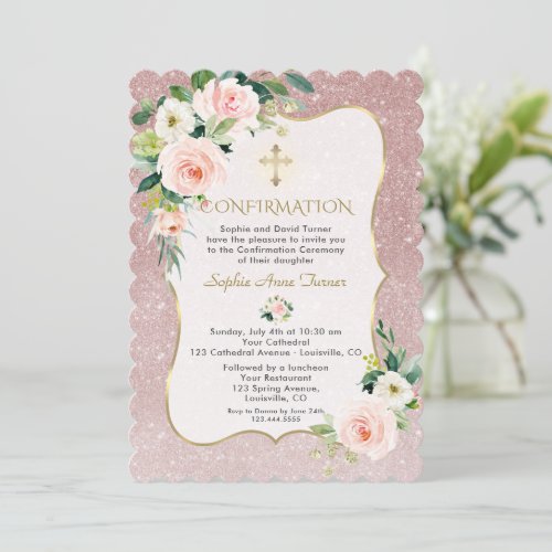 Charm Pink White Flowers Gold Girl Confirmation  Invitation