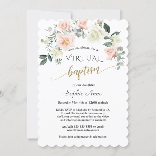 Charm Pink White Flowers Gold Virtual Baptism Invitation