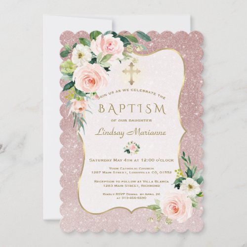 Charm Pink White Flowers Rose Gold Glitter Baptism Invitation