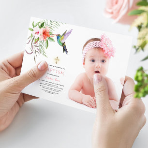 Charm Pink White Hibiscus Photo Girl Gold Baptism Invitation