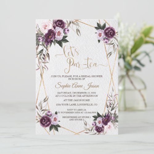 Charm Purple Pink Peony Floral Gold Bridal Shower Invitation