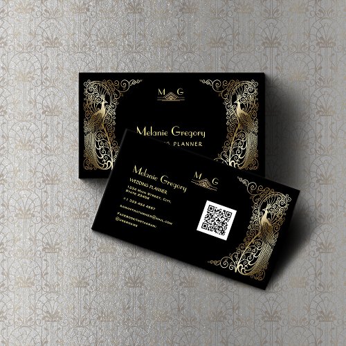 Charm QR Code Gold Art Deco Peacocks Professional  Business Card