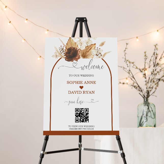 Charm QR Code Terracotta Arch Wedding Welcome Sign (In Situ (Stand))