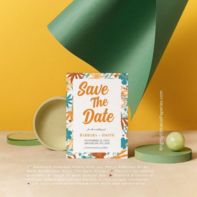 Charm Retro Abstract Bright Bold Wildflower  Save The Date (Unveil the perfect blend of vintage charm and bold florals with our captivating Save The Date card.)