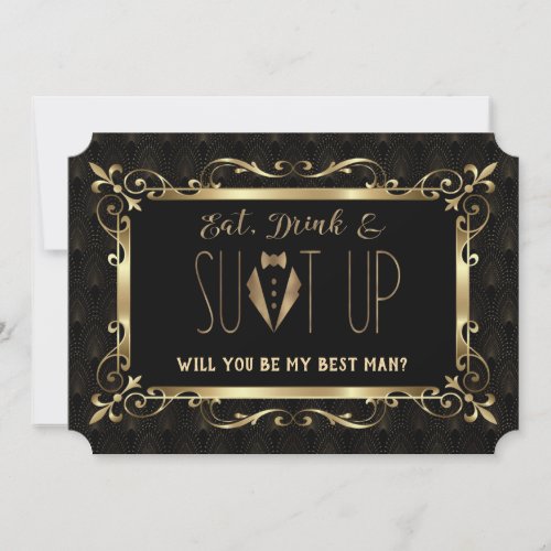 Charm Roaring 20s Gold Art Deco Be my Best Man Invitation