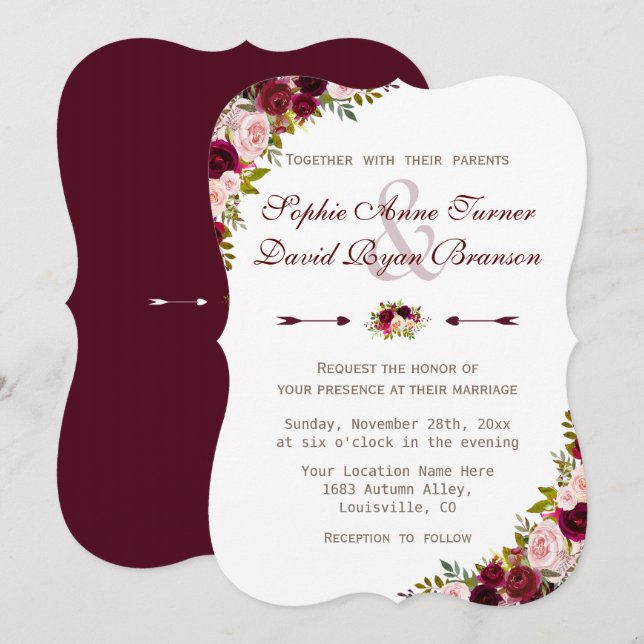 Charm Rustic Burgundy Marsala Floral Wedding Invitation (Front/Back)