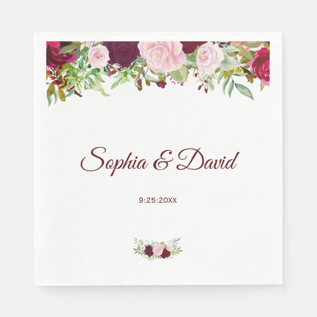 Charm Rustic Burgundy Marsala Floral Wedding Paper Napkins (Front)