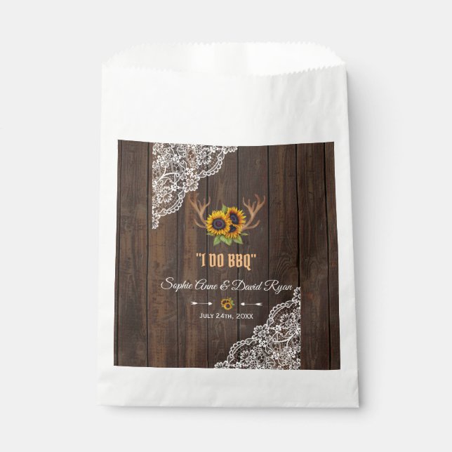 Charm Rustic Sunflowers Antlers Wood Lace I DO BBQ Favor Bag (Front)