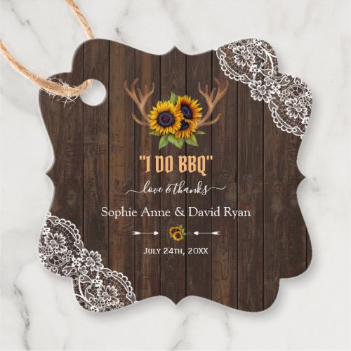 Charm Rustic Sunflowers Antlers Wood Lace I DO BBQ Favor Tags