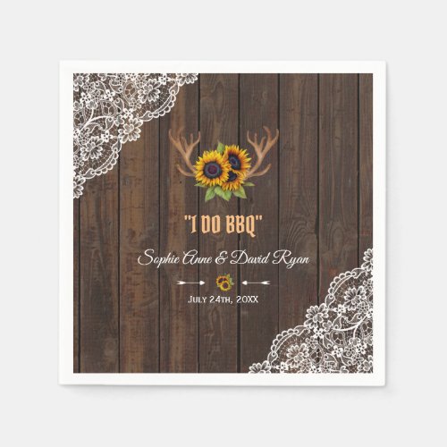 Charm Rustic Sunflowers Antlers Wood Lace I DO BBQ Napkins
