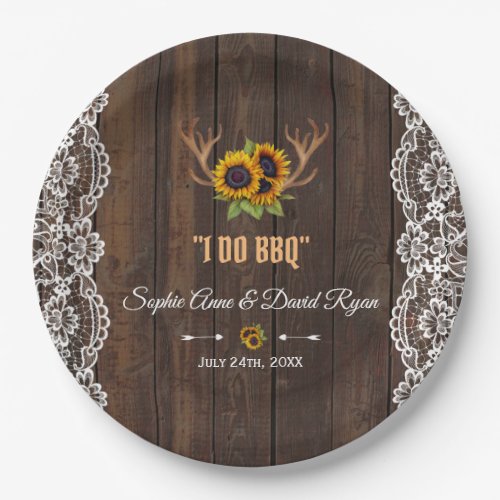 Charm Rustic Sunflowers Antlers Wood Lace I DO BBQ Paper Plates