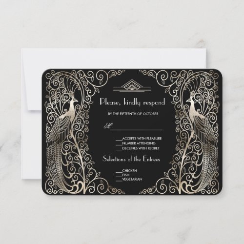 Charm Silver Art Deco Peacocks Wedding RSVP