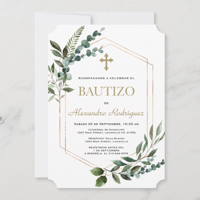 Charm Spanish Bautizo Greenery Gold Boy Baptism  Invitation (Front)