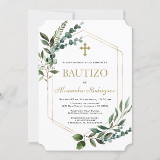 Charm Spanish Bautizo Greenery Gold Boy Baptism  Invitation