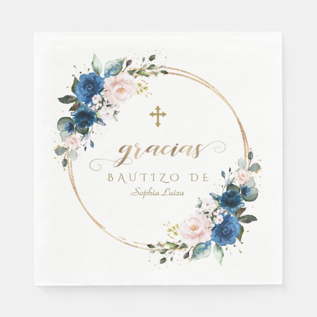 Charm Spanish Blush Blue Flowers Gold Girl Bautizo Napkins (Front)