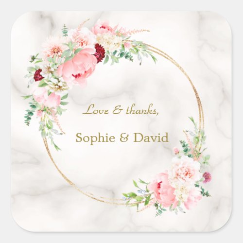 Charm Spring Watercolor Peonies Bloom Gold Wedding Square Sticker