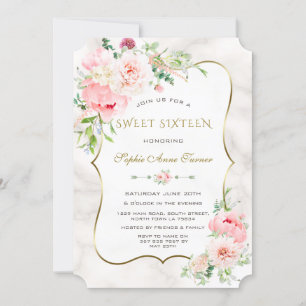 Charm Spring Watercolor Peonies Sweet Sixteen Invitation