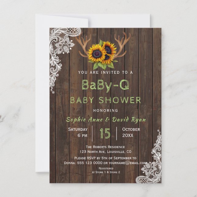 Charm Sunflowers Antlers BaBy-Q Baby Shower Invitation (Front)