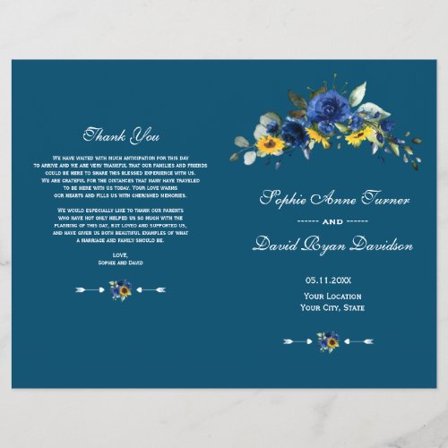 Charm Sunflowers Blue Floral Wedding Program Flyer