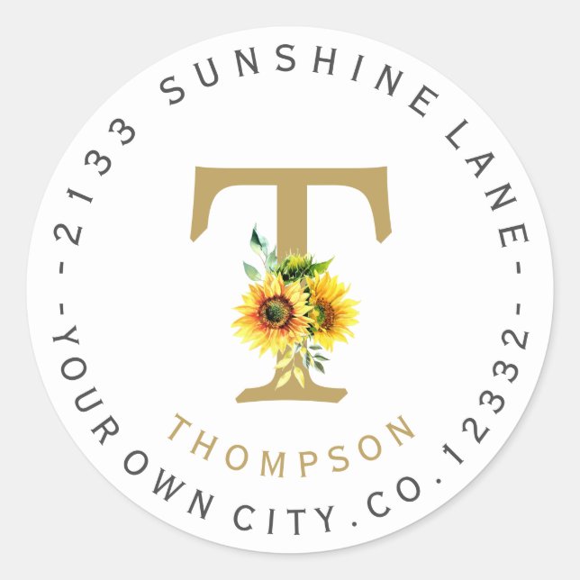 Charm Sunflowers Monogram Circular Address Label (Front)