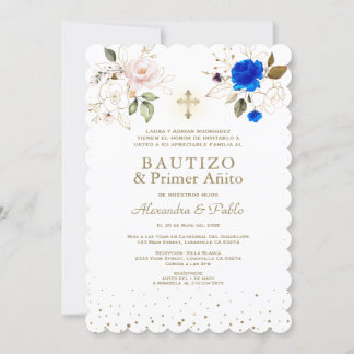 Charm Twins Pink Blue Flowers Primer Añito Bautizo Invitation