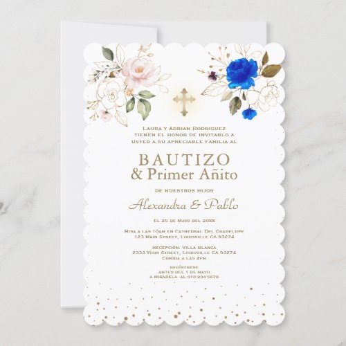 Charm Twins Pink Blue Flowers Primer Aito Bautizo Invitation