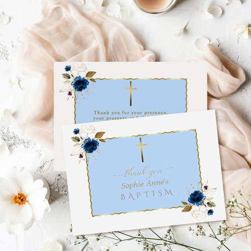 Charm Watercolor Blue Gold Flowers Boy Baptism Thank You Card