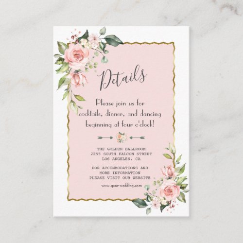 Charm Watercolor Blush Floral Gold Wedding Details Enclosure Card
