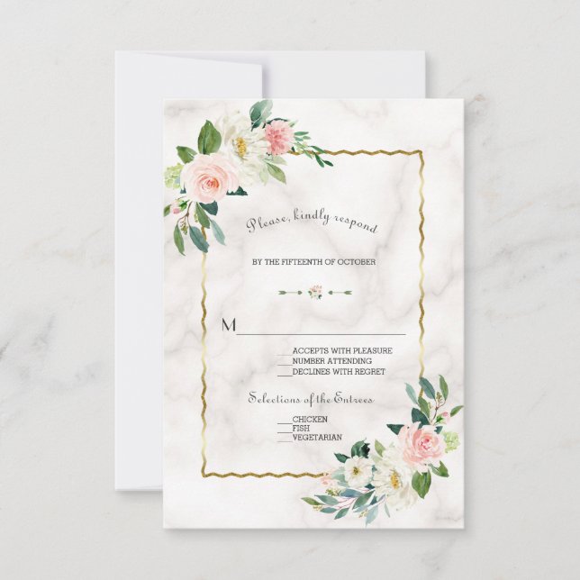 Charm Watercolor Blush Flowers Gold Marble Wedding RSVP Card (Front)