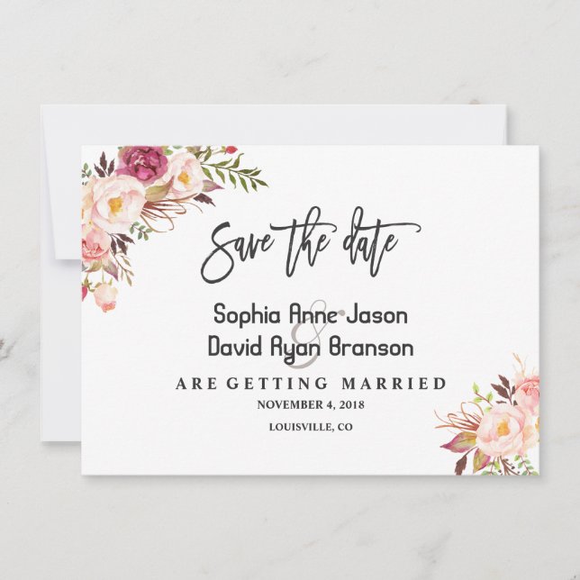 Charm Watercolor Blush Pink Floral Save The Date (Front)