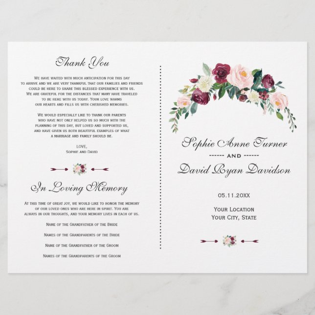 Charm Watercolor Blush Pink Floral Wedding Program Flyer (Front)