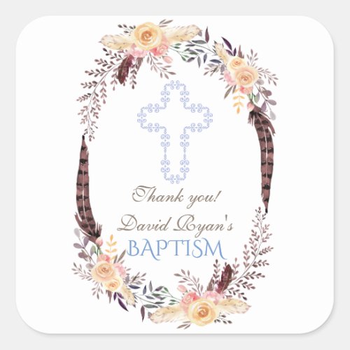 Charm Watercolor Boho Floral Boy Baptism Square Sticker