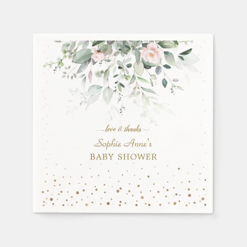 Charm Watercolor Greenery Pink Floral Baby Shower  Napkins
