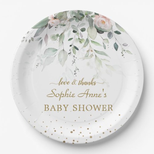 Charm Watercolor Greenery Pink Floral Baby Shower Paper Plates