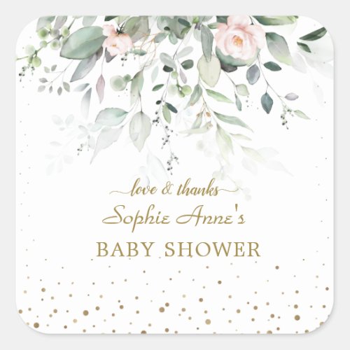 Charm Watercolor Greenery Pink Floral Baby Shower  Square Sticker