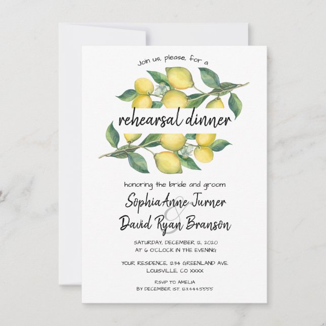 Charm Watercolor Lemon Tropical Rehearsal Dinner Invitation (Front)