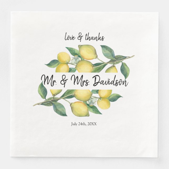 Charm Watercolor Lemon Tropical Wedding Paper Dinner Napkins (Front)