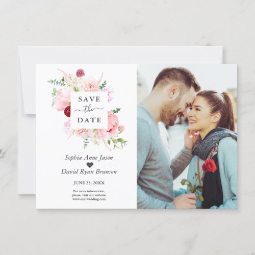 Charm Watercolor Pink Red Flowers Photo Wedding Save The Date