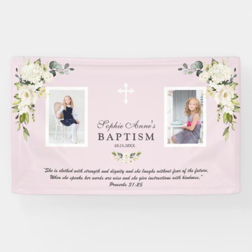 Charm Watercolor White Floral Baptism Girl Photo Banner