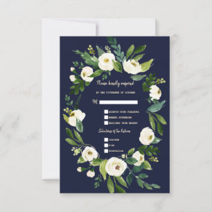 Charm Watercolor White Floral Dark Blue Wedding RSVP Card