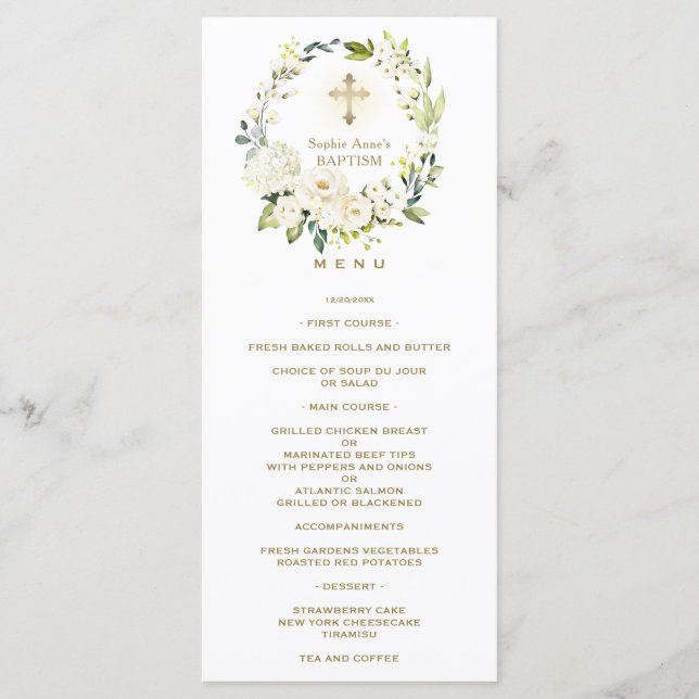 Charm Watercolor White Flowers Wreath Baptism  Menu (Front)