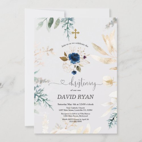 Charm Watercolour Blue Floral Gold Christening Invitation