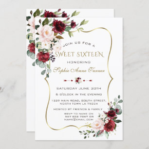 Charm Watercolour Blush Floral Gold Frame Sweet 16 Invitation