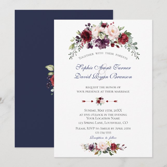 Charm Watercolour Burgundy Blush Flowers Wedding Invitation (Front/Back)