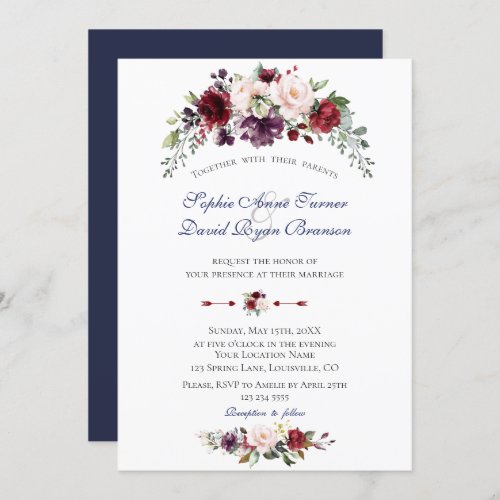 Charm Watercolour Burgundy Blush Flowers Wedding Invitation