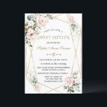 Charm Watercolour Pink Floral Gold Frame Sweet 16 Invitation<br><div class="desc">Charming card design featuring watercolour delicate pink blush flowers and green leaves,  a faux gold poligonal frame,  floral divider,  on a white background. Use Personalise tool to add your info,  change fonts,  font's colours. For matching items,  please,  visit my Quinceañera & Sweet Sixteen Party Collection.</div>
