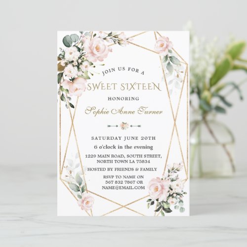 Charm Watercolour Pink Floral Gold Frame Sweet 16 Invitation