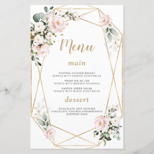 Charm Watercolour Pink Floral Gold Sweet 16 Menu