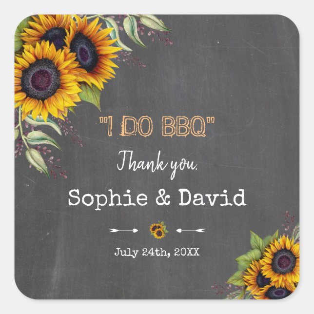 Charm Watercolour Sunflowers Chalkboard I DO BBQ Square Sticker (Front)